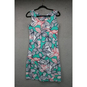 Talbots Aqua Floral Midi Sheath Dress with Coral Accents